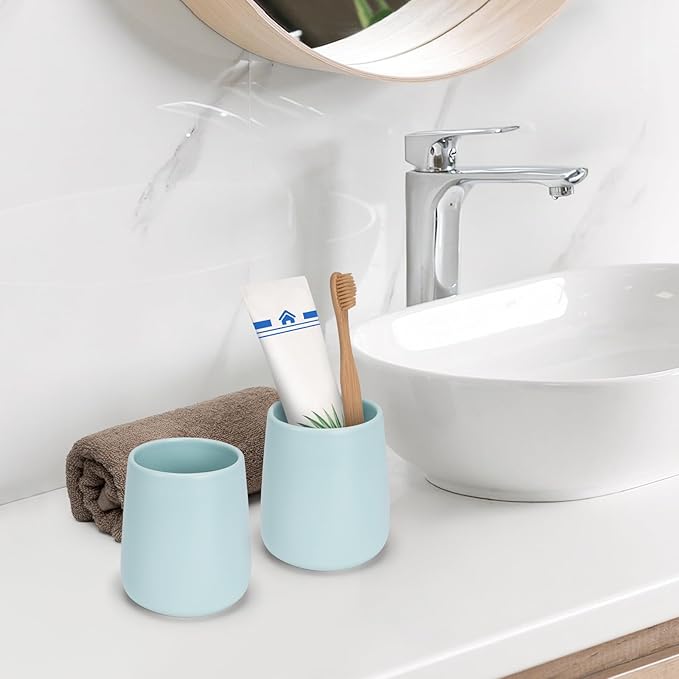 Bathroom Tumbler Cup Ceramic 13.5oz Reusable Toothbrush Cup 400ml,Toothbrush Holder Adequate for Your Bathroom (Cyan)