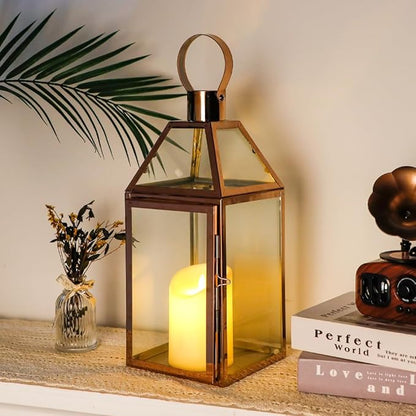 JHY Design Rose Gold Decorative Lanterns 16 inch High Stainless Steel Candle Lanterns with Tempered Glass for Indoor Outdoor Events Parities and Weddings