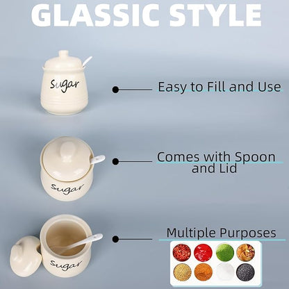 HAOTOP 12oz Sugar Bowl with Lid and Spoon,Ceramic Sugar Jar Sugar Dispenser Sugar Container Coffee Bar Accessories, Kitchen Countertop Canisters, Beige