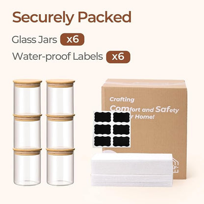 ComSaf 0.8 Qt Glass Food Storage Jars Set of 6, Clear Glass Storage Containers with Lids, Pantry Organization Jar, Spice Jar, Blooming Tea, Coffee and Sugar Container, Small Canister Set for Kitchen