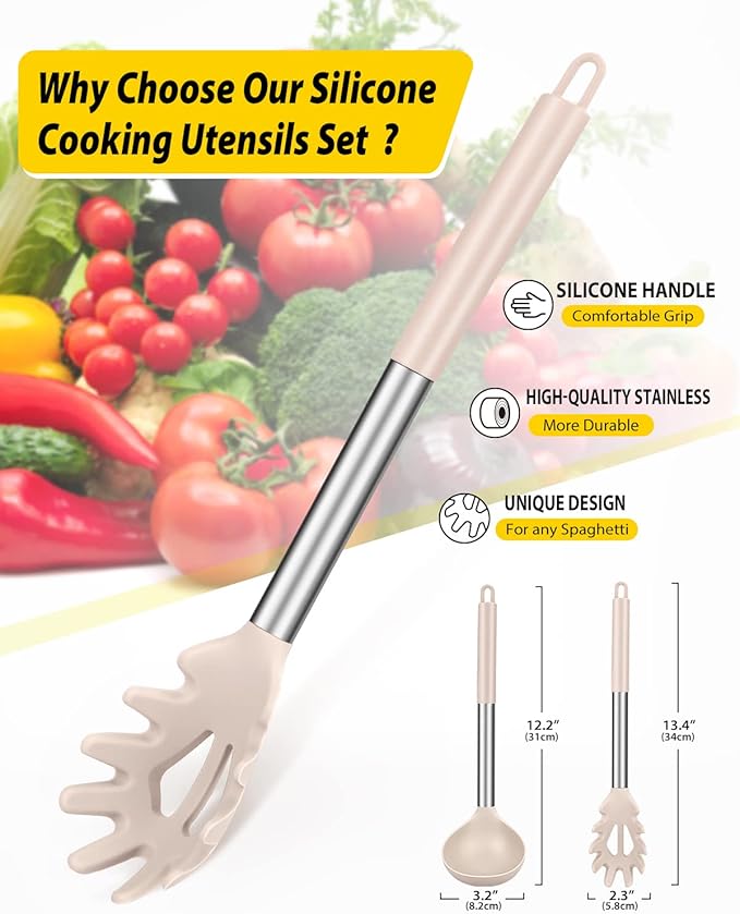 Silicone Pasta Fork and Ladle Spoon Set, Large Non Stick Kitchen Utensils for Cooking,Stirring,Serving Spaghetti, Soup, Sauce (KHAKI)