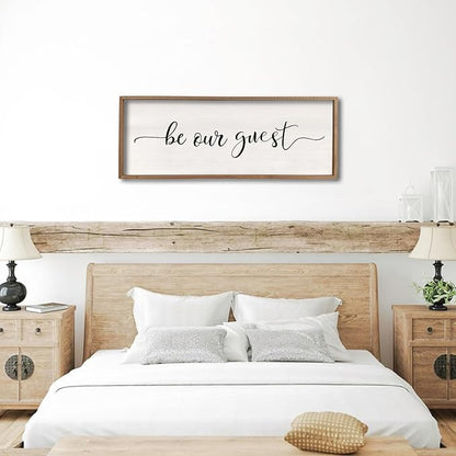 comurdyo Be Our Guest Wall Decor Sign 40”X15” Large Master Bedroom Above Bed Wall Decor Wood Framed Guest Room Sign Simple Rustic Farmhouse Over Bed Bedside Wall Art (Wood)