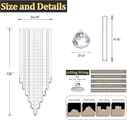Flashing God D48''X H120''High Ceiling Chandelier Crystal Raindrop Chandeliers Large Villa Chandelier Entrance Foyer Hight Ceiling Lighting LED Dimmable 2700K-4500K-6000K 24 LED Bulbs Include