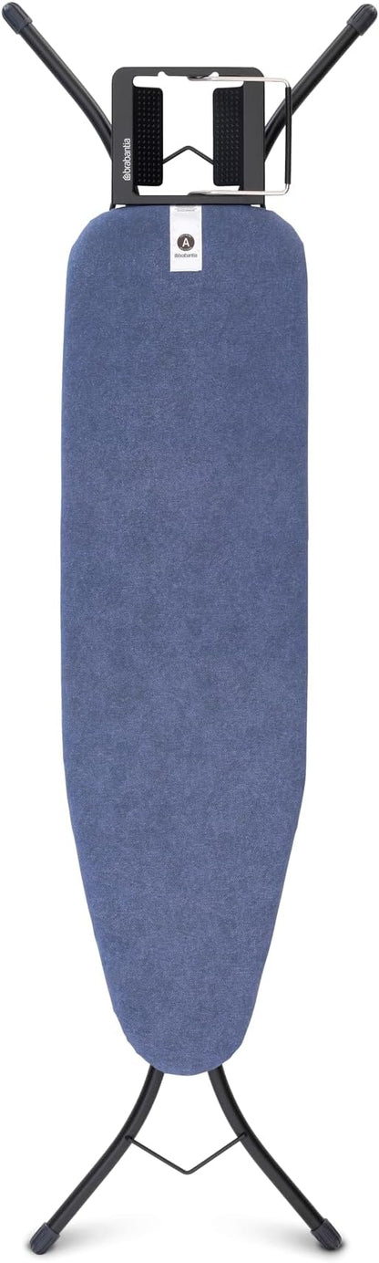 Brabantia Size A Compact Small Ironing Board (43x12 in) 7 Height Options, Adjustable Steam Iron Rest Holder (Denim Blue) Non-Slip Feet, Anti-Collapse Child Locks