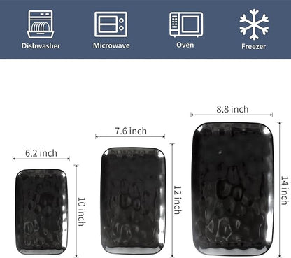 vicrays Ceramic Rectangle Serving Platters - 14" 12" 10" Porcelain Serving Trays Plates for Party BBQ Appetizers Sushi Dessert - Microwave Oven and Dishwasher Safe - Set of 3 Bright Black