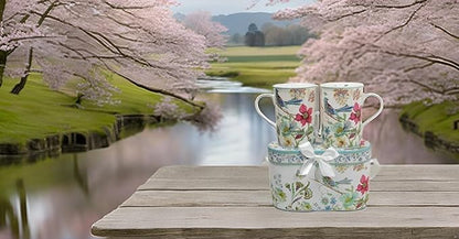 Lightahead Elegant Bone China Two Coffee Mugs set in Blue bird design 11.2 oz each cup in attractive gift box