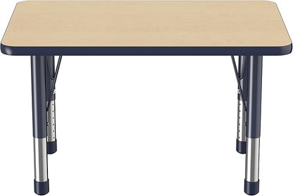 Factory Direct Partners FDP Rectangle Activity School and Classroom Kids Table (24 x 36 inch), Chunky Toddler Leg, Adjustable Height 15-24 inches - Maple Top and Navy Edge