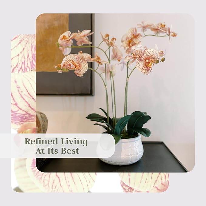 Faux Orange Orchid Plant, Premium Artificial Indoor Flower Display Stands 23”, Beautiful Sculptural Blooms That Lasts Forever, White Planter Pot Included