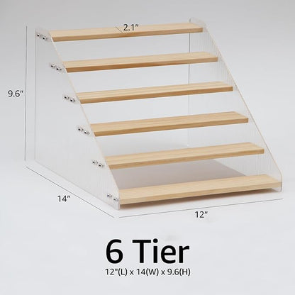 nianfeng Tiered Spice Rack, 6-Tier Spice Pantry Kitchen Cabinet Organizer, 12-Inch, Natural Wood Acrylic Stair Riser Stand, Countertop Seasoning Shelf