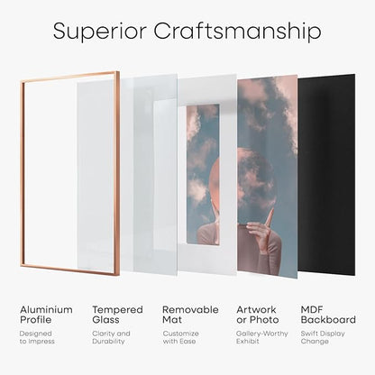 Homeforia 15x15 Picture Frame Rose Gold, High End Metal 15 x 15 Square Poster Frame with Mat 11 x 11 Photo, 15x15 Frame Matted to 11x11 Print, 15by15 Hanging Frames, Tempered Glass, Wall Kit, Set of 1