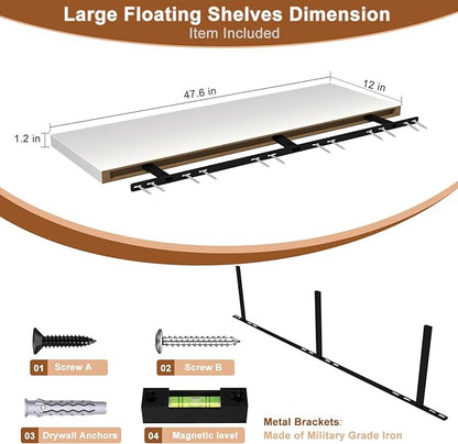 48 Inch Floating Shelf 1 Pack Large Floating Shelves for Wall No Drilling Accessories Included Deep Wall Shelves for Living Room Kitchen Farmhouse 48" W x 12" D x 1.2" White