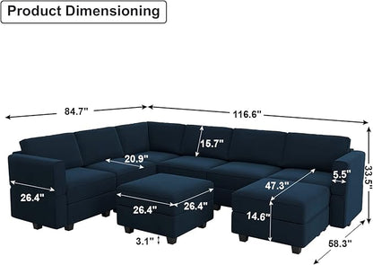 Belffin Modular Velvet Sectional Sofa with Storage Seat Oversized U Shaped Couch with Reversible Chaise Sofa Set with Ottoman Blue