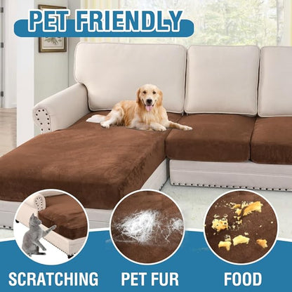 H.VERSAILTEX Velvet Stretch Sectional Couch Covers 3 Pieces Sofa Seat Cushion Covers L Shape Separate Cushion Couch Chaise Cover for Both Left/Right Couch (Large Sofa 2 Seater + 1 Chaise, Caramel)