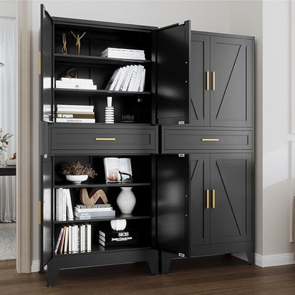 71 "Farmhouse Metal Filing Cabinet with a Drawer and 4 Adjustable Shelves, with 4 Large barn Door White Kitchen Cabinets, Metal Food Cabinets for Home, Kitchen, Dining/Living Room (Black)