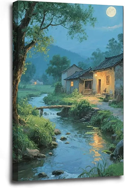 Moonlight under the big tree creek cabin scenery is suitable for posting in the living room bedroom office scenery poster wall painting