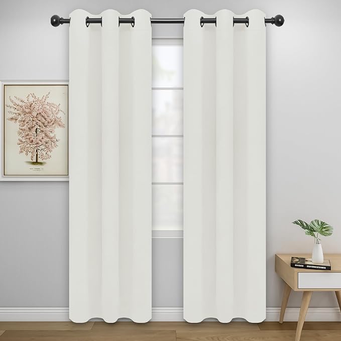 Easy-Going Blackout Curtains for Bedroom, Solid Thermal Insulated Grommet and Noise Reduction Window Drapes, Room Darkening Curtains for Living Room, 2 Panels (34x84 in, Ivory)