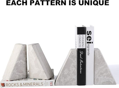 Marble Bookends for Heavy Books, Decorative Book Ends for Shelves, Durable and Heavy-Duty Bookends for Hardback Book & CDS, Off-White Unique Books Stopper & Holder, Set of 2