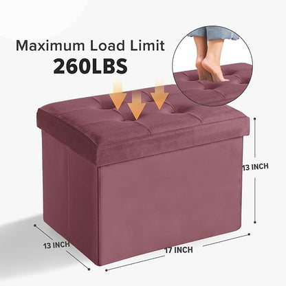 LINMAGCO Storage Ottoman Folding Foot Stool Velvet Footrest with Padded Modern Ottoman with Storage for Living Room Puppy Step Stool 17x13x13in(Jelly Pink)