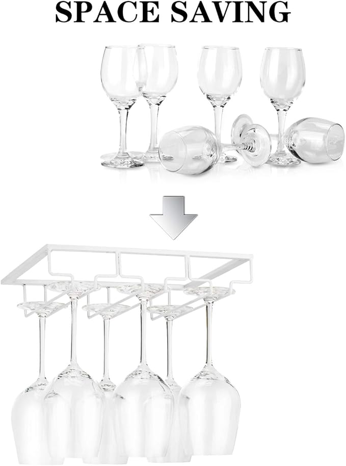 Wine Glass Rack - Under Cabinet Stemware Wine Glass Holder Glasses Storage Hanger Metal Organizer for Bar Kitchen White