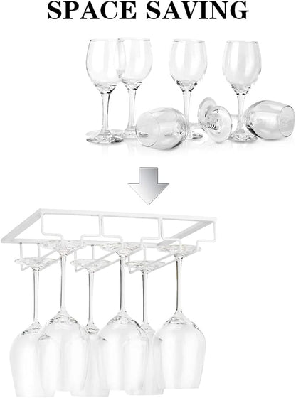 Wine Glass Rack - Under Cabinet Stemware Wine Glass Holder Glasses Storage Hanger Metal Organizer for Bar Kitchen White