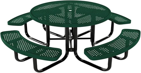 Coated Outdoor Furniture Heavy-Duty Portable Outdoor Kids Table with Umbrella Hole, Punched Steel Kids Picnic Table, Commercial-Grade, Made in America (46 In, Round, Childrens, Textured Green)