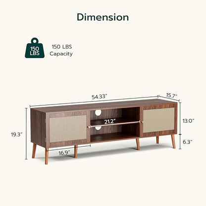 TV Stand for TVs up to 65'', Entertainment Center With Rattan Door, Shelves & 2 Cabinets, Long Boho Media Console for Living Room, Walnut