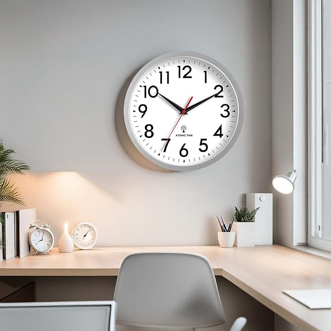 Atomic Wall Clock Analog 10 Inch Battery Operated Modern Decorative for Living Room Kitchen Office Bedroom Bathroom(Silver)