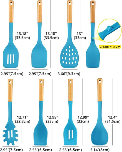 Silicone Kitchen Utensil Set for Non Stick Cookware, 7 Pcs Heat Resistant Cooking Utensils with Wooden Handle, BPA Free Kitchen Tools with Spatulas, Spoons, Skimmer and Pasta Fork (BLUE)