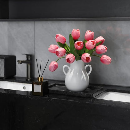 Pink Artificial Tulips, 2 Bundles 14Pcs, Fake Tulips Artificial Flowers, 2 x 2.4 Inch Large Flower Head Big Tulip, Easter Valentine's Day Mother's Day Home Decoration Flowers