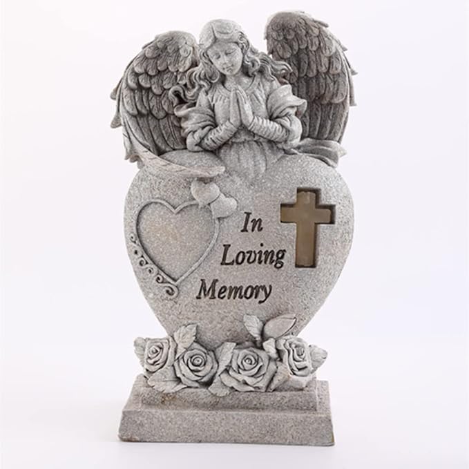 Garden Angel Statue with Cross Solar LED Light, Memorial Gifts for Loved Ones, Cemetery Grave Decorations