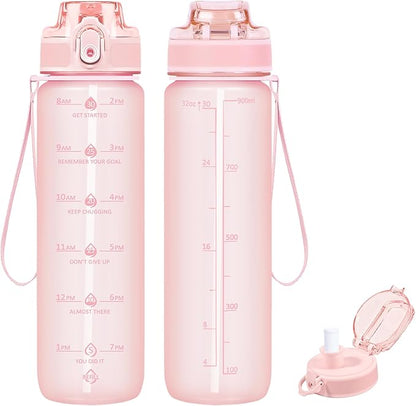 32oz Motivational Water Bottles with Time Marker & Fruit Strainer, Transparent Gradient Color Water Bottle with Times to Drink, Leakproof & BPA Free, Reusable Bottle with Strap (No Straw)