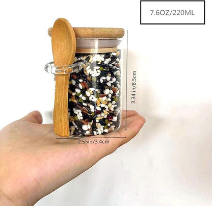 7.6 oz Airtight Mini Glass Jars with Bamboo Lids and Bamboo Spoons, Spice Jars Small Food Storage Containers for Kitchen, Bathroom, Home Decor Set of 8