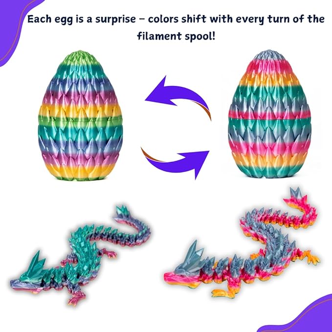3PCS 3D Printed 12” Articulated Crystal Dragon Inside 5.1” Egg – Fantasy Collectible, Fidget Toy & Stocking Easter Basket Stuffers for Home & Office Decor (3pcs - Rainbow)