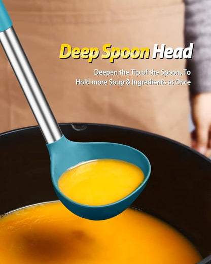 Silicone Pasta Fork and Ladle Spoon Set, Large Non Stick Kitchen Utensils for Cooking,Stirring,Serving Spaghetti, Soup, Sauce (BLUE)