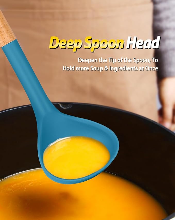 Silicone Pasta Fork and Ladle Spoon Set with Wooden Handle, Heat Resistant Non Stick Kitchen Utensils for Cooking, Stirring, Serving Spaghetti, Soup, Sauce(BLUE)