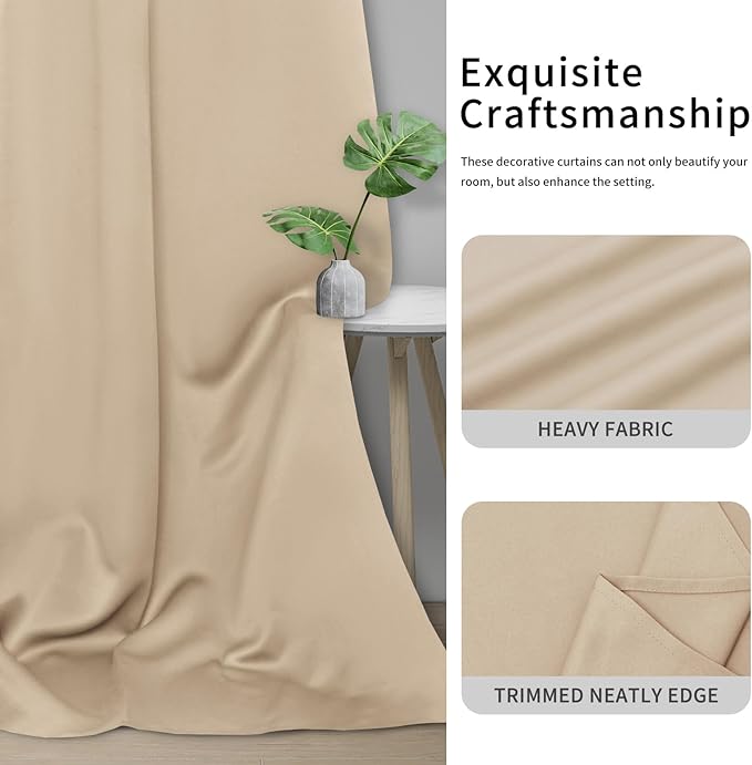 Easy-Going Blackout Curtains for Bedroom, Solid Thermal Insulated Grommet and Noise Reduction Window Drapes, Room Darkening Curtains for Living Room, 2 Panels (42x45 in, Beige)