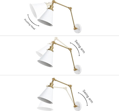JONATHAN Y JYL7462B Rover 7" Classic Industrial Metal Adjustable Arm LED Wall Sconce, White/Brass Gold for Bedroom, Bathroom, Vanity