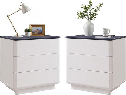 JXQTLINGMU 22" Modern Nightstand Set of 2 with Charging Station, Large Push-to-Open End Table, Wood Bedside Table, Curved Profile, Handleless 3 Drawer Night Stand for Bedroom, Living Room, Off White