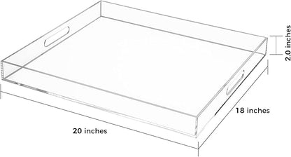 Clear Rectangular 18x20 Inches Acrylic Ottoman Tray Decorative Serving Tray with Cutout Handles Organizer Tray on Coffee Table Countertop Big Breakfast Bed Tray Living Room Appetizer Serving Food