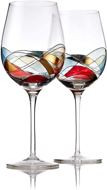 Bezrat Wine Glasses Hand Painted - Set of 2 - Women Wine Gift - Wine Lover Glass - Beautiful Glassware Gifts Ideas for Women Inspired by 'Duomo di Milano' Mothers Day - 12 oz (Red)