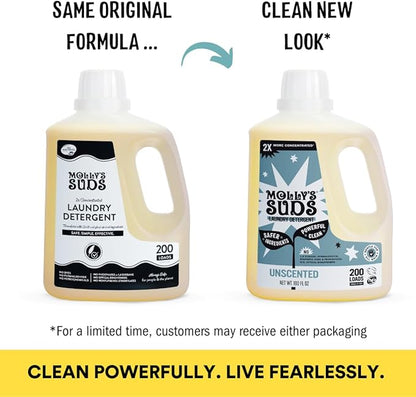 Molly's Suds Liquid Laundry Detergent | Clean Laundry Detergent Soap for Sensitive Skin | 2x Concentrated, High Efficiency (HE) (Unscented - 200 Loads)