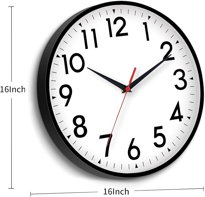 16 Inch Wall Clock, Large Wall Clocks Battery Operated, Big Silent Non-Ticking Analog Clock Decorative for Living Room, Office, Kitchen, Outdoor,Classroom, Bedroom, Bathroom, School(Black)