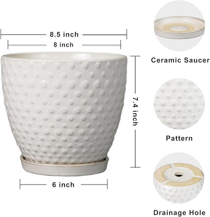 G EPGardening 8 Inch Plant Pot for Indoor Outdoor Plants Round Ceramic Planter Pot with Drainage Hole and Saucer Modern Large Flower Pot White