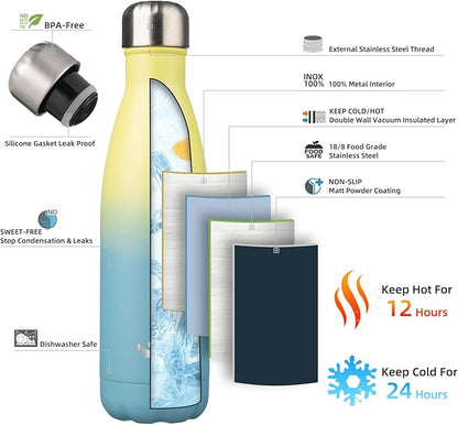 Insulated Water Bottles,17 oz Double Wall Stainless Steel Vacumm Metal Flask for Sports Travel,Sandy Beach