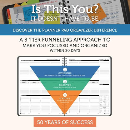 Planner Pad Spiral Bound 3-Tier Funnel Down 12 Month Organizer, October 2025 – September 2026, Black Cover/Black Ink, 8 1/2" x 11"