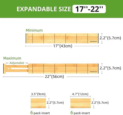 ANTOWIN 4 Pack Expandable Drawer Dividers, 2.2'' High, Extend from 17'' to 22'', Dresser Drawer Organizers, Bamboo Separators for Kitchen, Bedroom, Office, Bathroom, with 12 Pack Divider Inserts