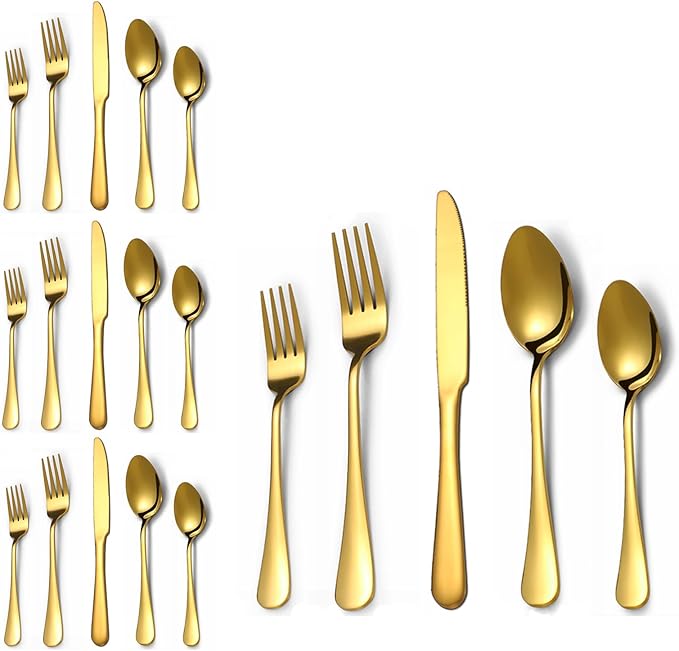 Lazycorner 20 Pcs Gold Silverware Set for 4, Food Grade Stainless Steel Flatware Set Include Fork/Knife/Spoon, Mirror Polished Eating Utensils Sets, Reusable Silverwear Cutlery Set, Dishwasher Safe