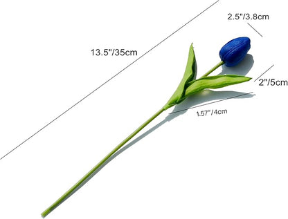Mandy's Artificial Tulips 20 Stems Royal Blue PU Faux Flowers for Wedding Home Decor 13.5 Inch