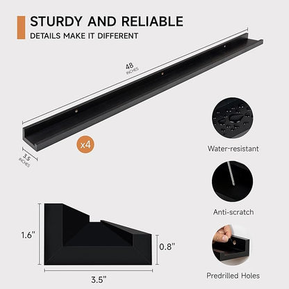 Picture Ledge Shelf for Wall, Floating Shelves Set of 4, 48 Inch Long Nursery Book Shelves for Toys Storage, Kids Bookshelf Wall Mounted for Books Photo Frames, Black