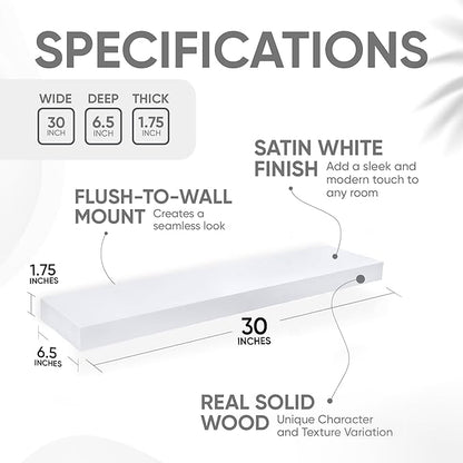 Homeforia White Floating Shelves 30 inch, High End Solid Real Wood 30inch Floating Shelf for Wall Mounted, White Wooden 30in Long Floating Shelves, Heavy Duty Bracket, 30 X 6.5 X 1.75 inches, Set of 2